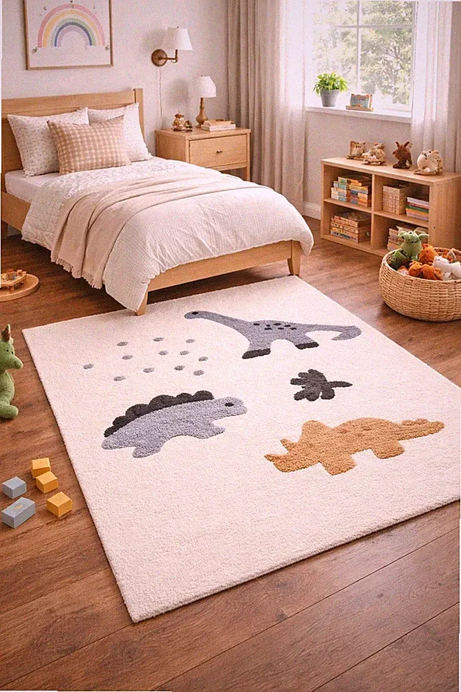 Kids Dinosaur Hand Tufted Rug for Nursery Soft Kids Room Baby & Boys Bedroom