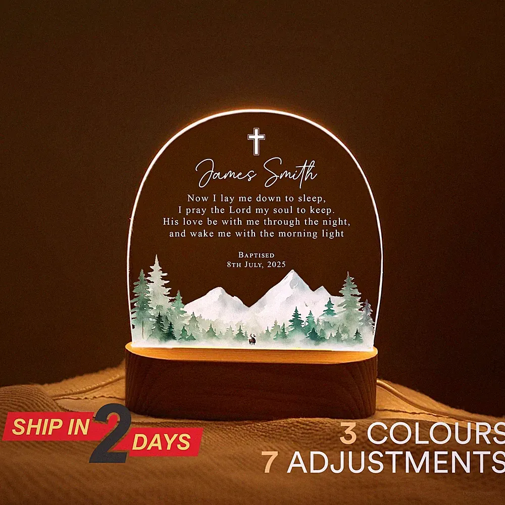 Personalized Baptism Night Light for Baby, Custom Christian Nursery Lamp with Bi