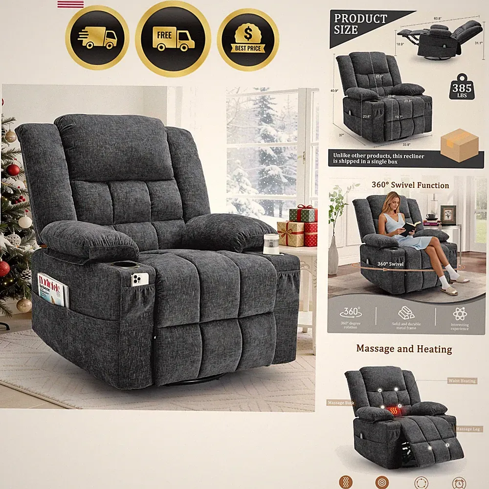 Swivel Rocker Recliner Chair for Adults with Massage Heating Cup Holder Fabric