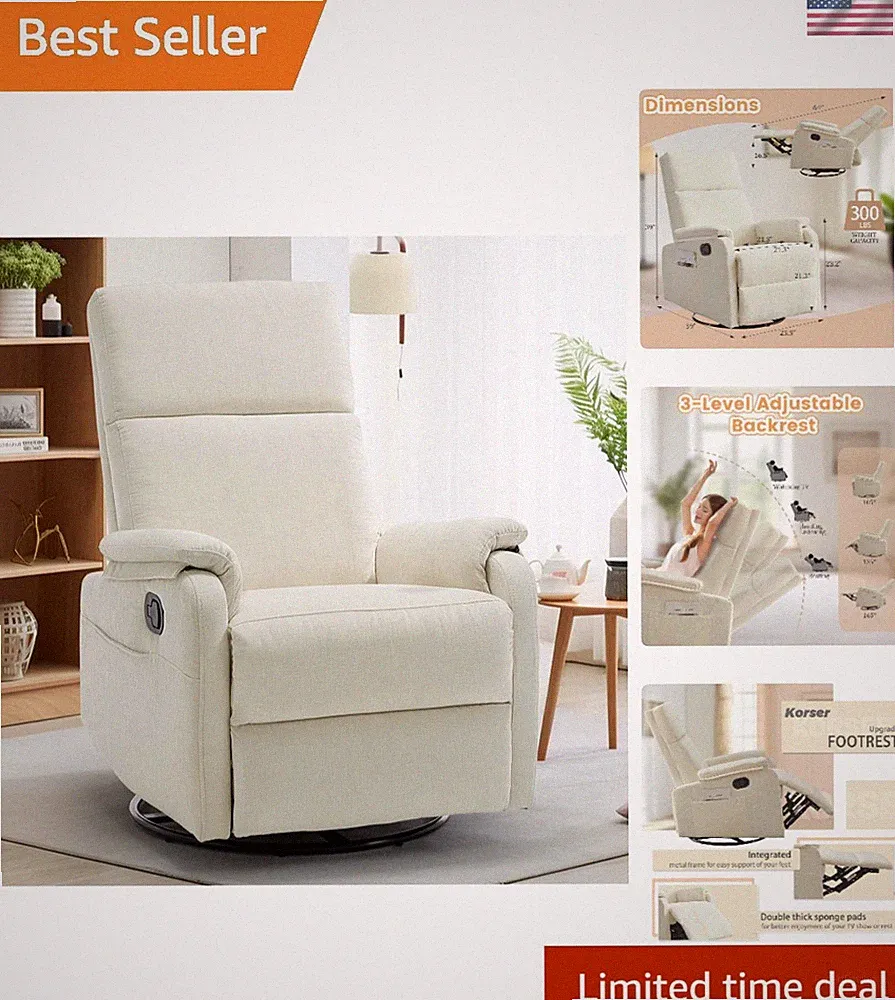 Swivel Rocking Recliner Chair for Adults Modern Chenille Small Nursery Beige
